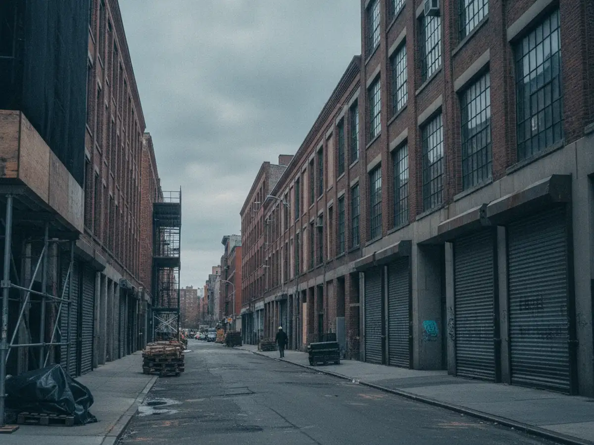 A Manhattan side street of prewar loft buildings with roll-down loading doors.