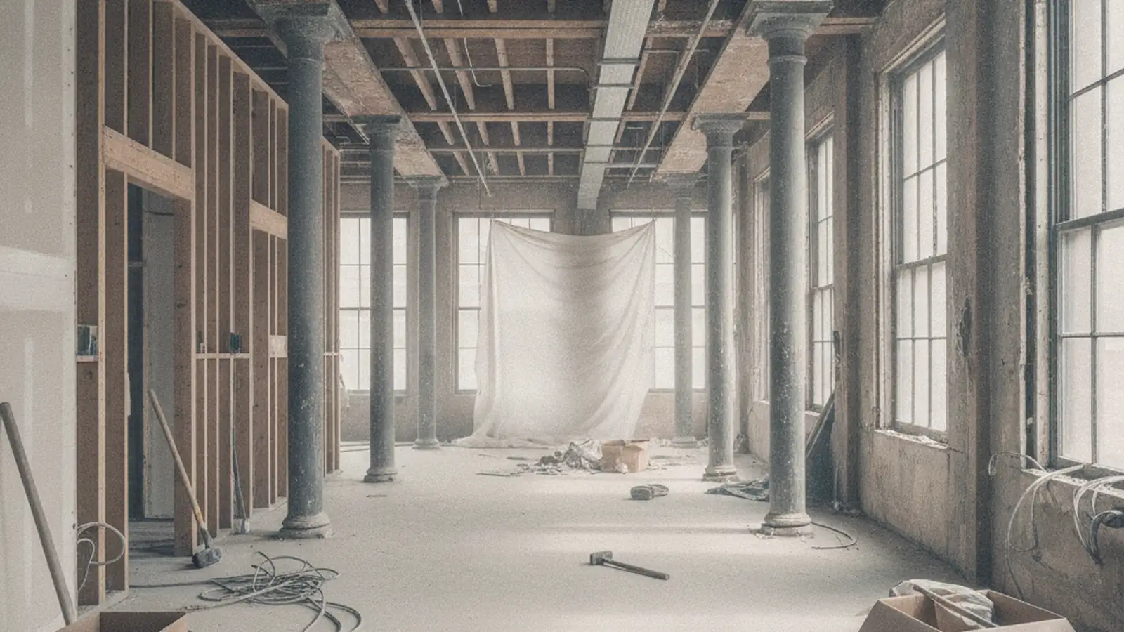 A prewar Manhattan loft floor part way through a strip-out, columns and ceiling exposed.