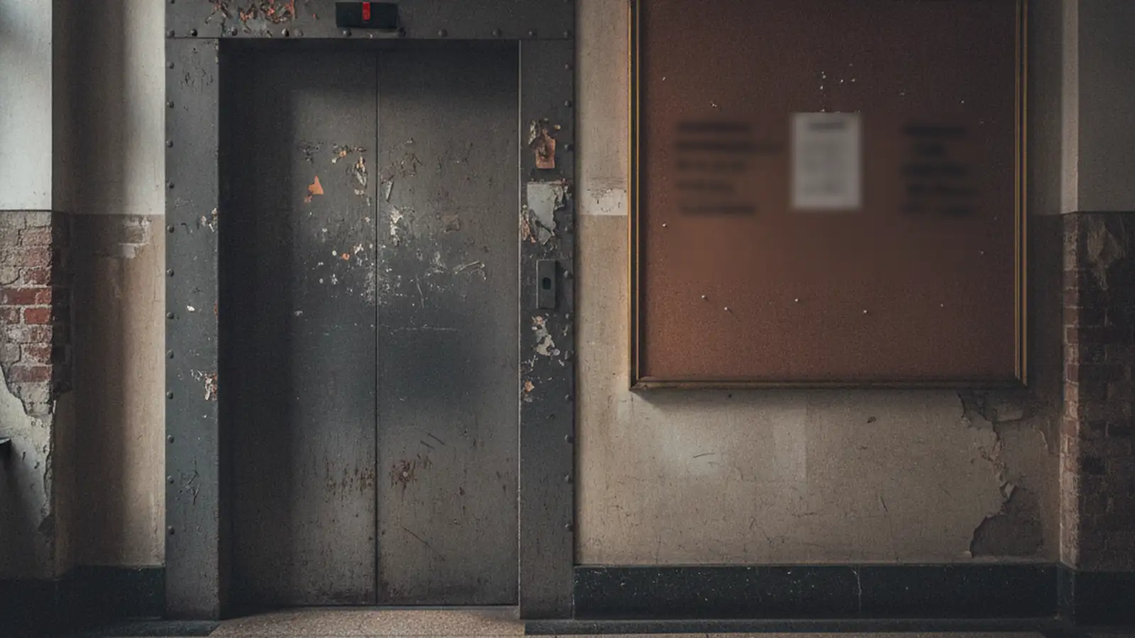 The lobby landing outside a freight elevator in a prewar loft building.