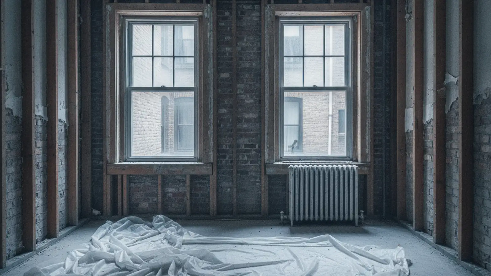 A prewar apartment taken back to the studs, original window frames still in place.